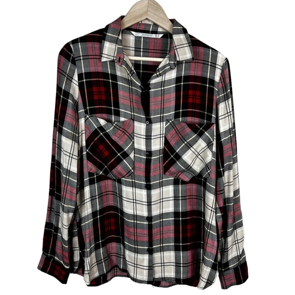 Zara Black White and Red Plaid Button-Down Shirt